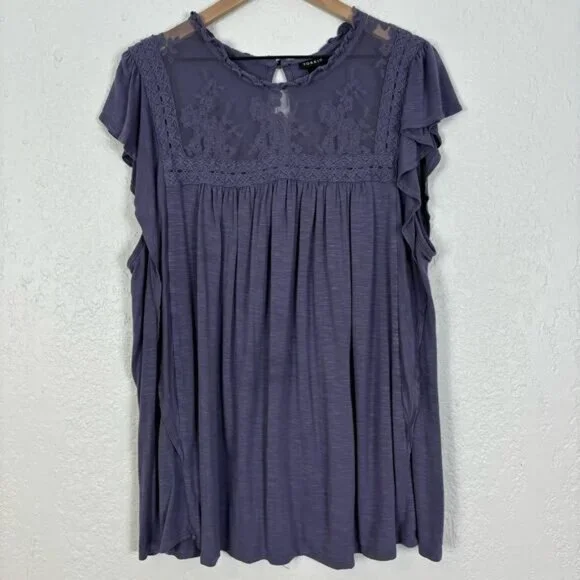 NWT Torrid Knit Lace Inset Flutter Sleeve Top in Heron Heather Blue Plus Size 4 - Picture 3 of 4